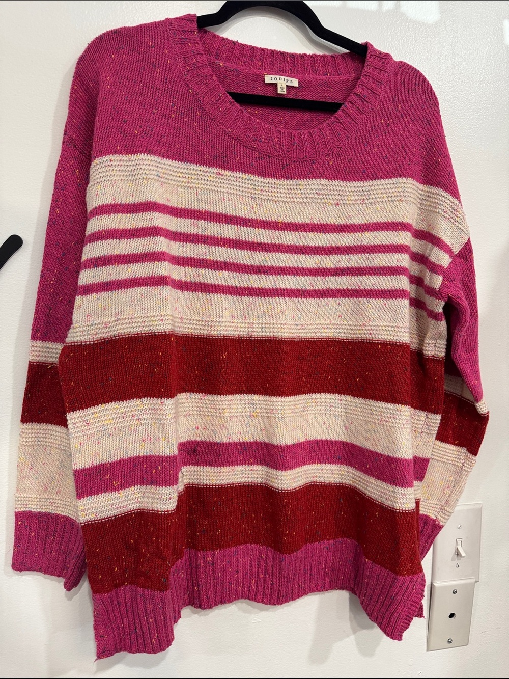 JODIFL Fuchsia, Cream & Red Striped Crewneck Sweater